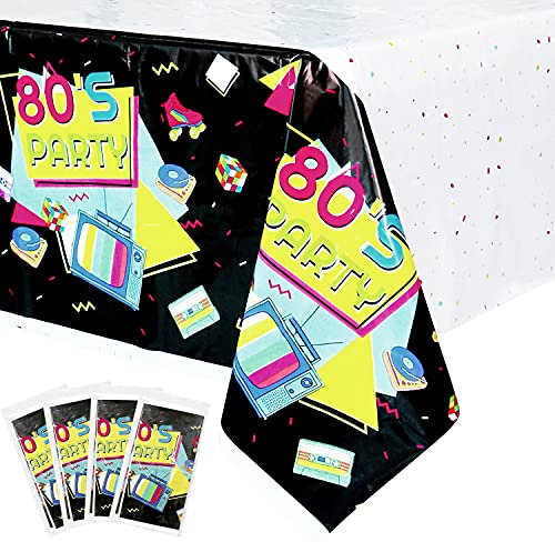 4 Pack 80s Plastic Party Tablecloths - Back to The 80s Party Decorations 80’s Party Table Cover for 80s Theme Birthday Party Supplies Throwback Birthday Party Decoration