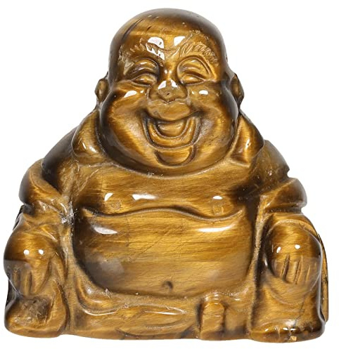 KYEYGWO Tigerauge Geschnitzte Edelstein Lachender Buddha Figur, Heilung Kristall Glücksbuddha Stein Talisman Maitreyabuddha Statuen Fengshui Skulptur Ornament für Dekoration Glücksbringer