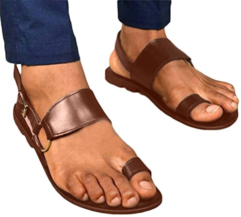 Minetom Sandale Homme D'Été PU Bout Ouvert Sandales Romaines D'Extérieur Rétro Gladiateur Chaussures De Plage Tongs A Marron 42 EU