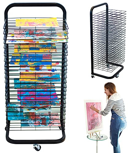 ODOXIA Estante De Secado De Arte para El Aula | Mantiene Las Obras De Arte Limpias | Estante De Secado De Pintura | con Ruedas | Bandejas Extraíbles Apilables para Pinturas, Dibujos Y Más