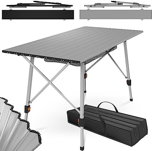 MIADOMODO® Campingtisch -Klappbar, Höhenverstellbar, 90x45cm, aus Aluminium, mit Tragetasche, Stauraum, Leicht, Outdoor/Indoor, Schwarz/Silber -Klapptisch, Gartentisch, Falttisch (Silber)