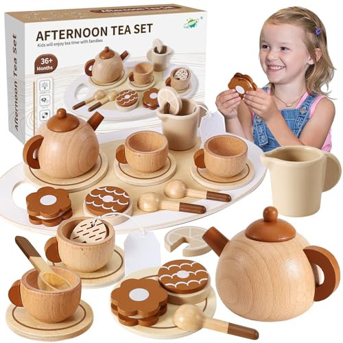 HERSITY Wooden Afternoon Tea Set Toys for Kids Age 3+, Pretend Play Food Dessert Teapot Toddler with Tray, Kitchen Accessories Gifts