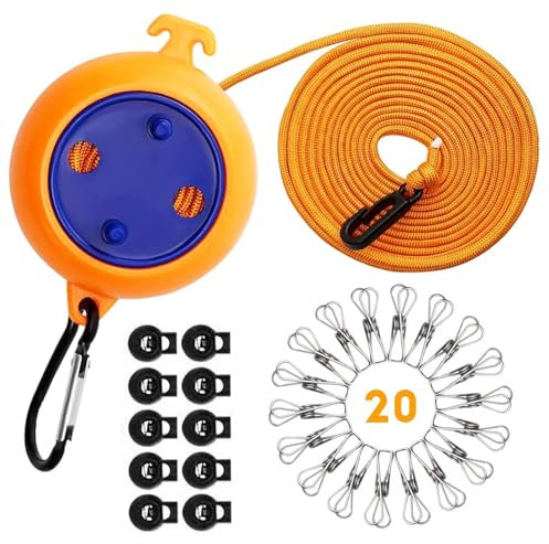 Wäscheleine Ausziehbar, 10m Camping Wäscheleine Tragbare Reise Urlaub Outdoor wäscheschnur Wäscheständer für Badezimmer, Waschküche, Garten oder Reise mit 10 festen Schnallen und 20 Wäscheklammern