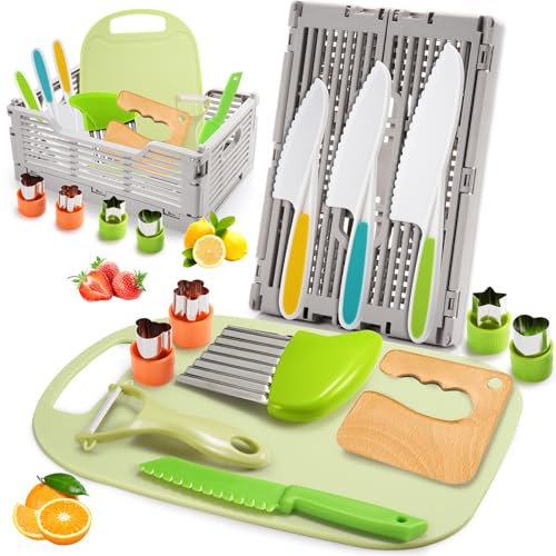 JoltJive Kids Knife Set for Chopping, Kids Cooking Set with Foldable Storage Box and Crinkle Cutter, Toys for 2 3 4 5 6 Year Old Boys Girls, Montessori Toys for Christmas Birthday Gifts