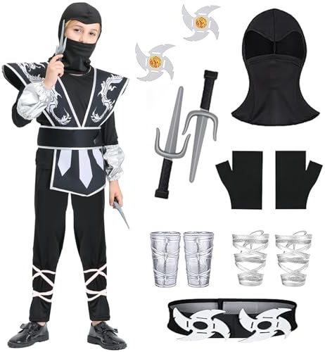 XCMVCN Ensemble de costumes de ninja pour enfants avec accessoires ninja, costume de carnaval, costume d'Halloween, jeu de rôle ninja (Noir+Argenté, S)