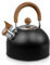 Whistling Kettle, 2.5L Stainless Steel Stove Top Teapot with Wood Grain Handle, Stovetop Camping Tea Pot for Kitchen Gas Stove Induction Hob (Black)