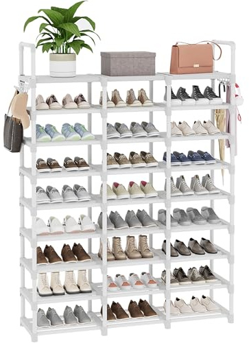 Lxvckly Shoe Rack, 9 Tiers Shoe Storage Organizer, Metal Tall Shoe Shelf Holds 50-54 Pairs, Vertical Shoe & Boot Organizer for Narrow Spaces, Entryway, Closet, Hallway, Cloakroom, Garage White