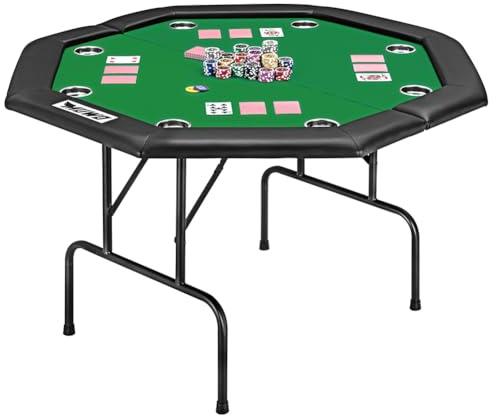 MUWO klappbarer Pokertisch für 8 Spieler – Achteckiger Spieltisch mit Filzbezug, Getränkehaltern und gepolsterter Armlehne – Robustes Stahlgestell, platzsparend lagerbar (Grün)