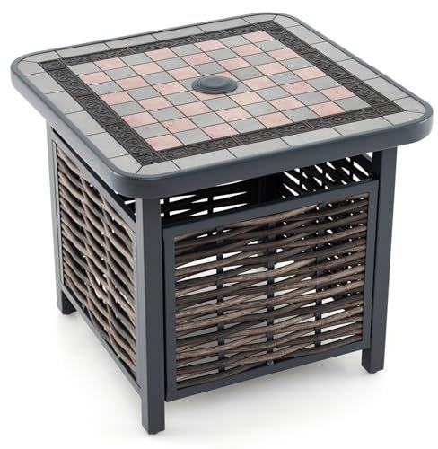 GOPLUS Table Basse Jardin Exterieur en Osier pour Patio avec Trou pour Parasol de 3,9 CM, Table d’Appoint Rectangulaire en Rattan PE de 55 CM, Carrée Résistante aux Intempéries avec Plateau en Résine
