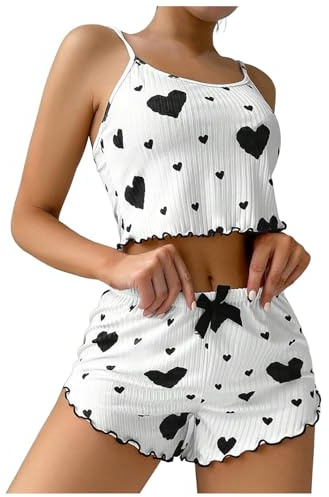 Pijamas Mujer Verano Corto con Estampado de Corazón Camiseta sin Mangas y Pantalones Cortos, Ropa de Dormir Sexy Conjunto de Pijama Suave y Cómodo Sleepwear Lindo (Blanco + Negro, S)