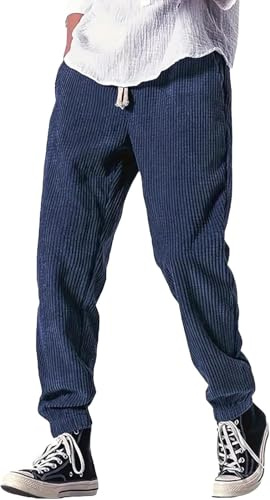 CKurityn Pantalon Baggy en Velours côtelé Large pour Homme - Taille élastique d'hiver Chaud - Doublure Sherpa - Thermique Respirant avec Poches (S,Bleu,Décontractée)