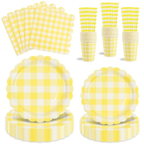 Set da tavola smerlato giallo da 125 pezzi, piatti di carta usa e getta, tovaglioli e bicchieri, per cena, dessert, feste di compleanno