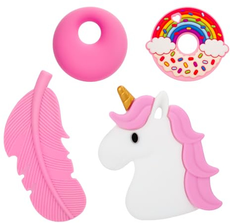 4 Pack Sensory Chew Necklaces,Silicone Oral Motor Chewy Toys for Kids Boys Girls Teething,Anxiety,Biting Needs,Includes Unicorn,Donut,Feather&Circle Pendants