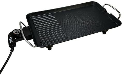 Quest Large Low Wattage Healthy Electric Griddle – 1400W Dual Cooking Plate with Flat & Ribbed Surfaces, Non-Stick, Adjustable Thermostat, Grease Drain, Portable BBQ Grill 55x24cm