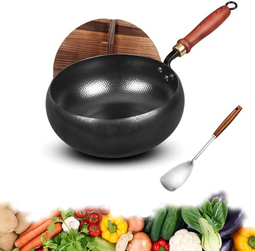 Suntuup japansk järnpanna, handgjord obelagd non-stick-panna tillverkad av rent järn, japansk järnpanna smidd med trälock, gasspis och induktionsspis, trälock – 28 cm