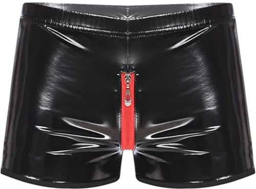 PARUPRUP Men’s Sexy Patent Leather Shorts Wet Look PU Zipper Out Hot Pant | Low Rise Trunks, Male Shining Underwear, Stretchable Waistband Boxer Briefs, Shorts, Nightclub Costume Party Valentine's Day