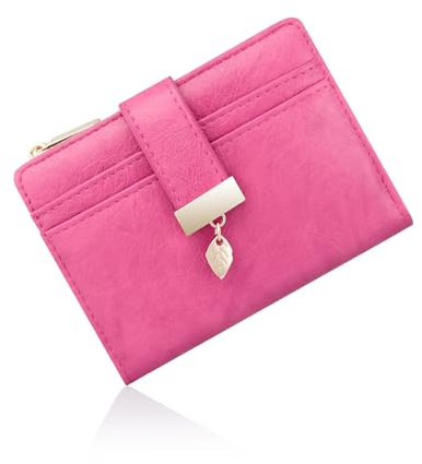 Pomelo Best Women's RFID Wallet, Magenta | Vegan Leather, Bi-fold Small Ladies Purse, Zipper Coin Pocket & ID Window, Leaf Charm Compact