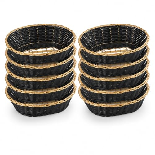 New Star Foodservice 44256 Polypropylene Oval Hand Woven Food Basket (Set of 12), 9 x 6.25 x 2.25, Black with Golden Trim
