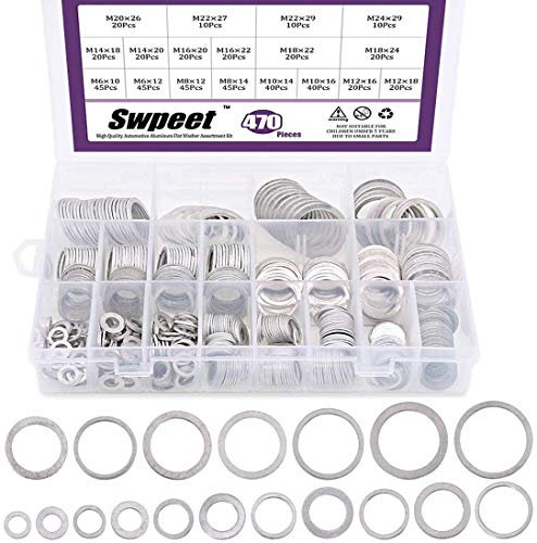 Swpeet 470pcs Automotive Aluminum Flat Arandela Kit Surtido de 18 tamaños diferentes – M6 M8 M10 M12 M14 M16 M18 M22 M24