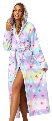 RONGTAI Womens Robes Plush Fleece Hooded Bathrobe Thick Nightgown with Pockets Fluffy Sleepwear, Star, Large