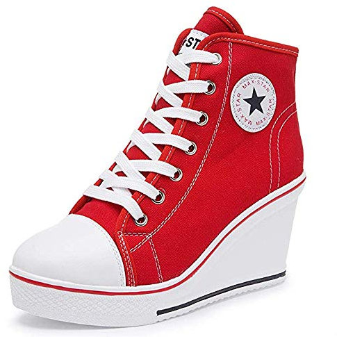 Zomiee Damen-Sneaker mit Absatz, Leinenschuhe mit High-Top, Keilabsatz, Turnschuhe mit Plateau, zum Schnüren, Reißverschluss an der Seite, Pumps, modisch, Rot - rot - Größe: 42 EU