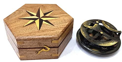 Captain Messing-Sonnenuhrenkompass aus massivem Messing in Holzbox