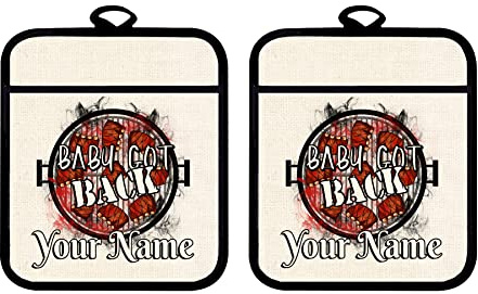 Bleu Reign Oven Mitt and Potholder Set Personalized Custom Name Funny BBQ Ribs On Grill Baby Got Back Linen