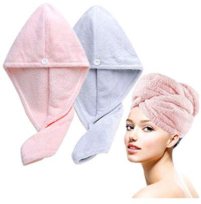 Lumimi 2er-Set Haarturban Kopfhandtuch aus Mikrofaser Extra Saugfähig Schnelltrocknend Flauschig Knopfverschluss Hellrosa Hellblau