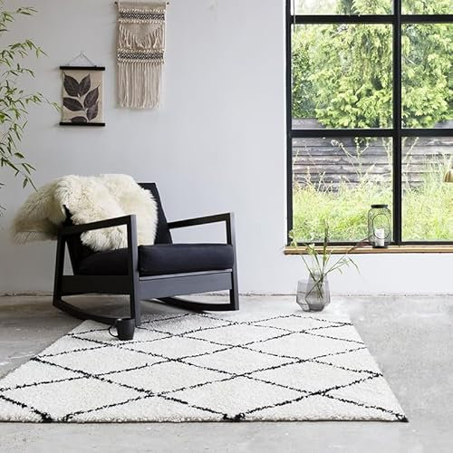 FRAAI | Home & Living Teppich Hochflor Quadrat - Grand Lines Creme Schwarz - Kariert, Gestreift, Shaggy - Modern - Wohnzimmer, Esszimmer, Schlafzimmer - Fellteppich - Carpet