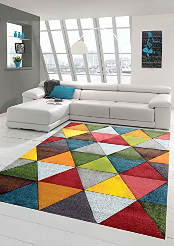 Teppich-Traum Moderner Teppich Wohnzimmer abstraktes Design buntes Dreieckmuster rot grün orange bunt - pflegeleicht Größe 60x110 cm