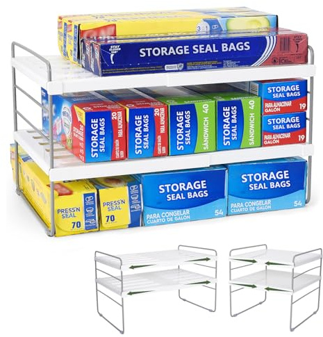 Pantry Organization and Storage for Kitchen - Expandable Kitchen Wrap Box Organizer Rack, Foil Organizer for Cabinet & Counter, Height & Width Adjustable Cupboard Storage Rack - (3 Tier 9.8 to 15.6L)
