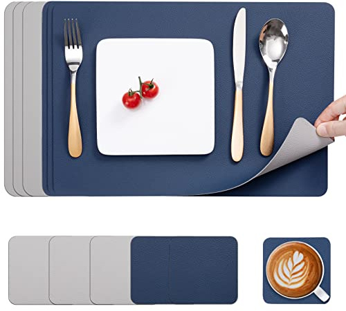 Myir JUN Tovagliette in Pelle e Sottobicchieri Set, Bifacciale Antiscivolo Impermeabile Tovaglietta Plastica Lavabili Tovaglietta Tovagliette Americana (Grigio Blu, Set di 6)