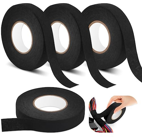 Tikplus 4 Rolls Fabric Tape 0.77/0.59 x 49 Feet Wiring Hardness Tape, Noise Damping and Insulation, Heat Resistant Self-adhesive Tape, Black Wiring loom Cloth Tape for Car Electrical Wires