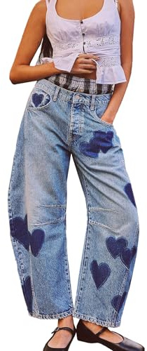 cffvdiz Barrel Jeans Femmes Vintage en Détresse Baggy Coeur Imprimé Low-Rise Cheville Jeans Denim Pantalon,Bleu,XL