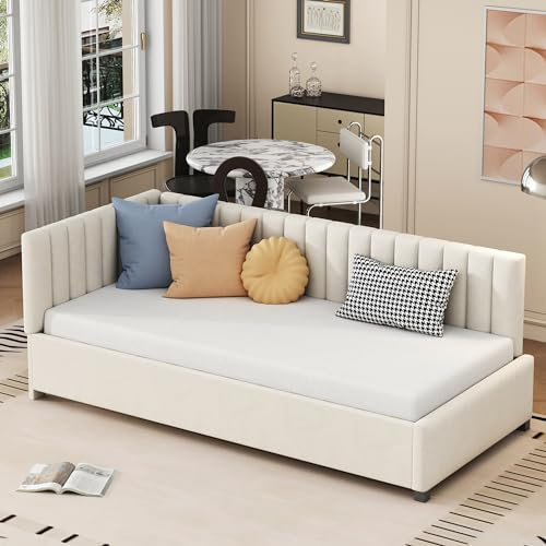Moimhear Cama tapizada sofá cama 90 x 200 cama multifunción con somier, tela aterciopelada respetuosa con la piel (beige)