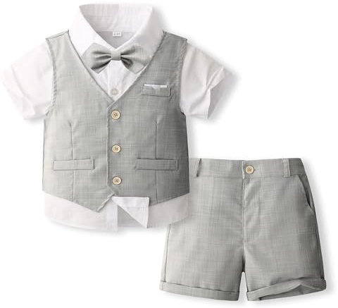 Volunboy Trajes para Bebé Niños de Boda Ceremonia, Verano Conjunto de Chaleco, Camisa, Pajarita, Shorts 4 Piezas(18-24 meses,Gris claro,Etiqueta tamaño 90