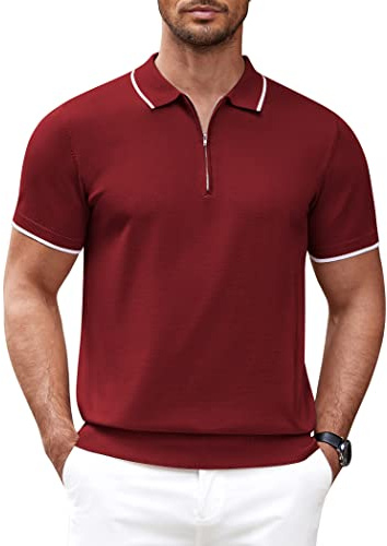 COOFANDY Polo à Fermeture Éclair pour Hommes T-Shirt Polo en Tricot à Manches Courtes Chemises de Golf d'été Vin Rouge XL