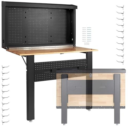 Wiltec Werkbank zur Wandmontage bis 200 kg, klappbare Werkzeugbank 120,5 x 82,5 x 162 cm mit Lochplatte als Rückwand, Werktisch mit Arbeitsplatte aus Holz