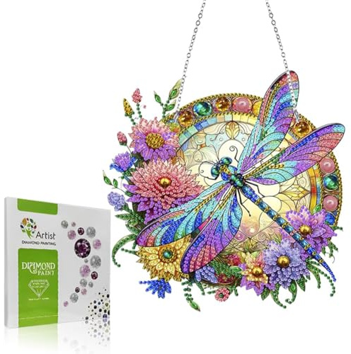 Diamantmålning, fönsterbilder, dubbelsidig diamantmålning, fönsterbilder, hänge, blommor och trollslända, gör-det-själv kristallmålning, hänge med kedja, entré diamant, målning, dekoration för hem