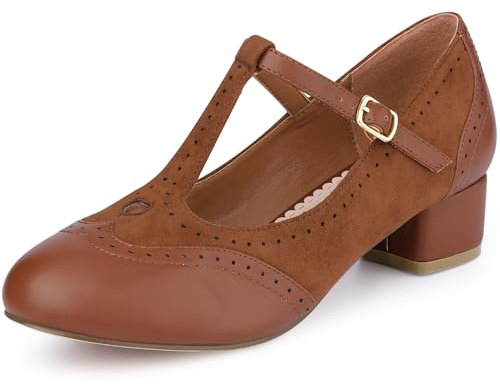 Allegra K Women's Mary Janes T-Strap Ankle Strap Block Heels Pumps Brown 5 UK/Label Size 7 US