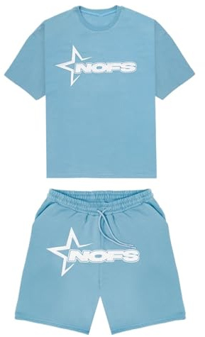 ZEZEZ NOFS sommarjoggingträningsdräkt, t-shirt och shorts for män med NOFS-tryckt logotyp, lätt kort sommardräkt(Blå,S)