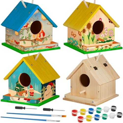 Liliful Kit de 16 nichoirs en bois brut pour adultes avec peintures et pinceaux - Mangeoire à oiseaux pour garçons ou filles - Activités en classe et anniversaire