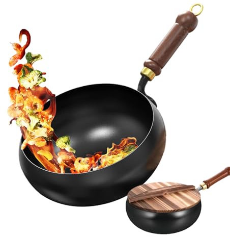 Qfdiwr Padella antiaderente – Padella per friggere grande formato con manico in legno, utensile da cucina antigraffio senza rivestimento a fondo compatibile con induzione per cottura al forno