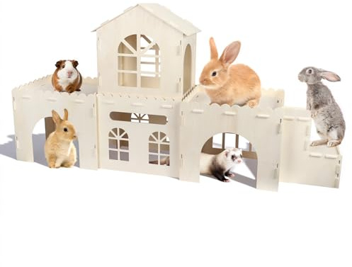 Delousiber Extra Large Wooden Rabbit Castle | 5-in-1 Luxury Bunny House & Hideout with Stairs | Detachable Indoor Playhouse for Rabbits, Guinea Pigs, Chinchillas, Hamsters | Easy Assemble Pet Habitat