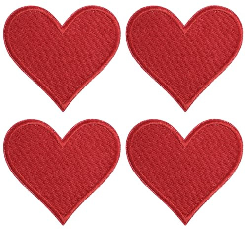 4 Pcs Heart Iron On Patches, Red Heart Applique Patches, Red Hearts Sew on Patch for Clothes, Clothing, Dress, Hats, Shirts