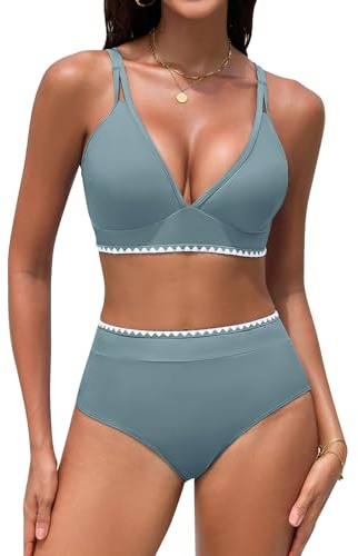UMIPUBO Costume Donna Due Pezzi Vita Alta Bikini Collo A V Push Up Sexy Contenitivo Curvy Modellante con Coppe Dettagli A Conchiglia Mare Piscina Estivo Costume da Bagno