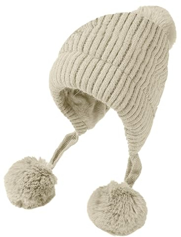Mössa svart tre ull tjock hatt för barn vinter sammet utomhus varm stickad hatt flygarhuva män, Beige, M