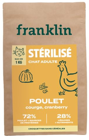 FRANKLIN – Croquette Chat Stérilisé – sans Céréales – 63% Poulet – 1 kg