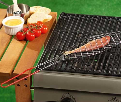 Land-Haus-Shop Fischbräter für den Grill Metall Soft Grip Griff,Fisch Halter Wender Bräter Korb (LHS)