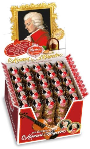 Reber Mozart-Kugeln, 100er Aufstellkarton, Mozart-Kugeln aus Zartbitter-Schokolade, Gefüllt mit Pistazien-Marzipan, Mandeln und Haselnuss-Nougat, 2kg (100 Mozart-Kugeln)
